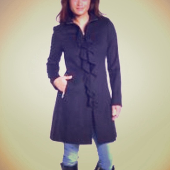 T Tahari Kate Ruffle Wool Blend Coat dark Navy medium - Picture 2 of 6